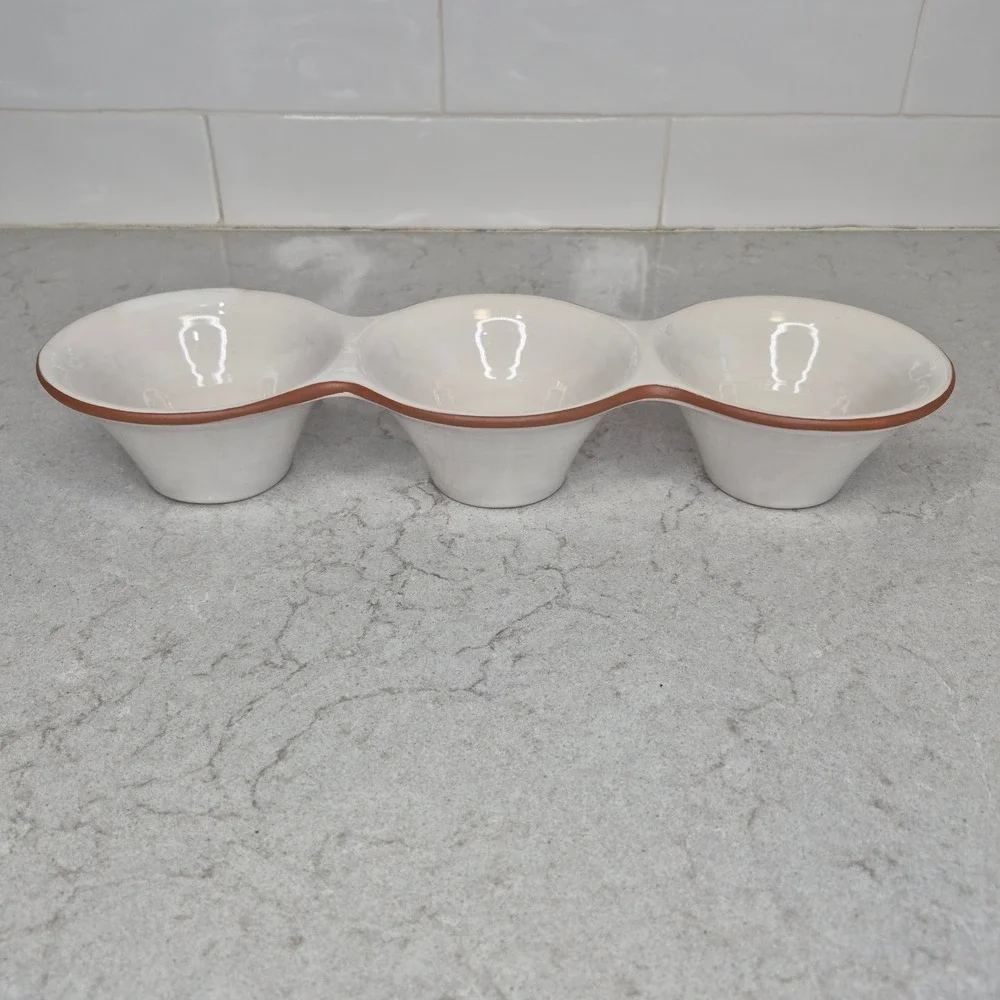 Pottery Barn Triple Condiment Server Sienna White Terracotta Trim